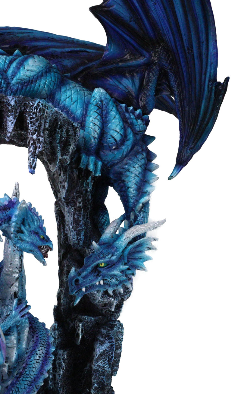 20"H Large Blue Frozen Dragon On Arch With Wyrmling By Ice Stalagmite Statue