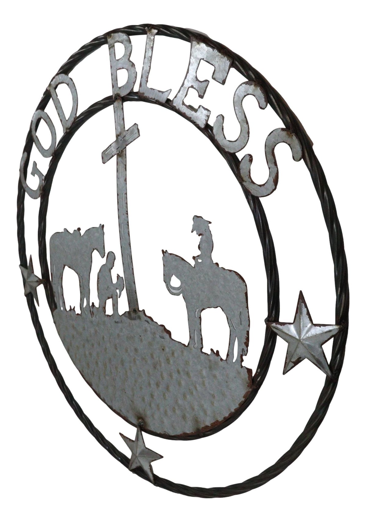 Large 24" Rustic Western Praying Cowboy Cowgirl God Bless Metal Wall Circle Sign