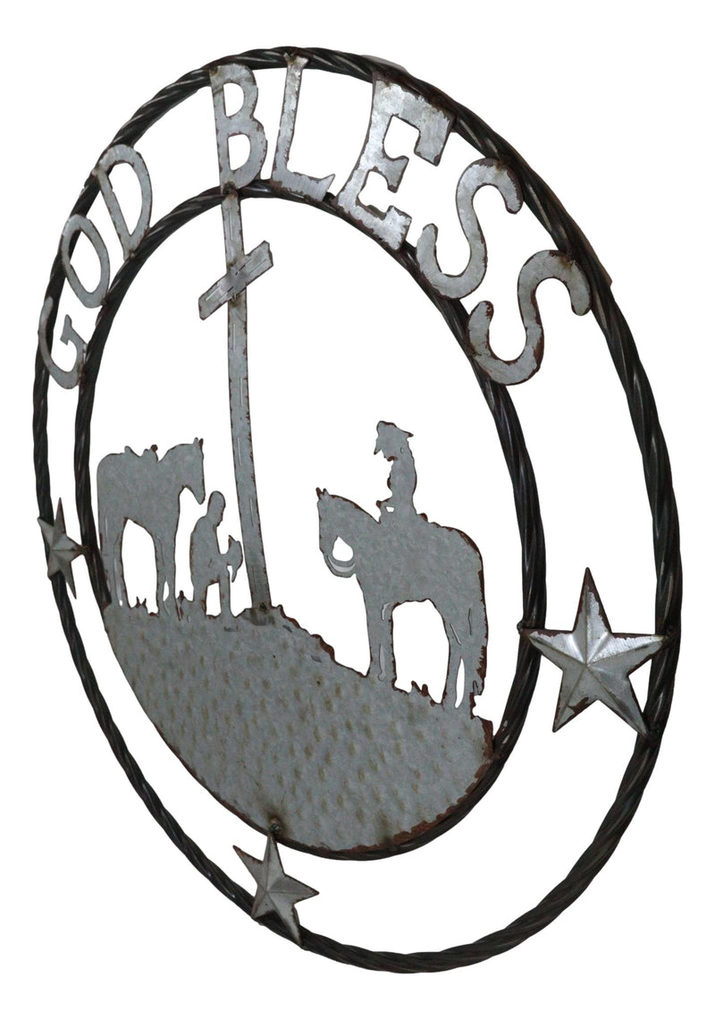 Large 24" Rustic Western Praying Cowboy Cowgirl God Bless Metal Wall Circle Sign