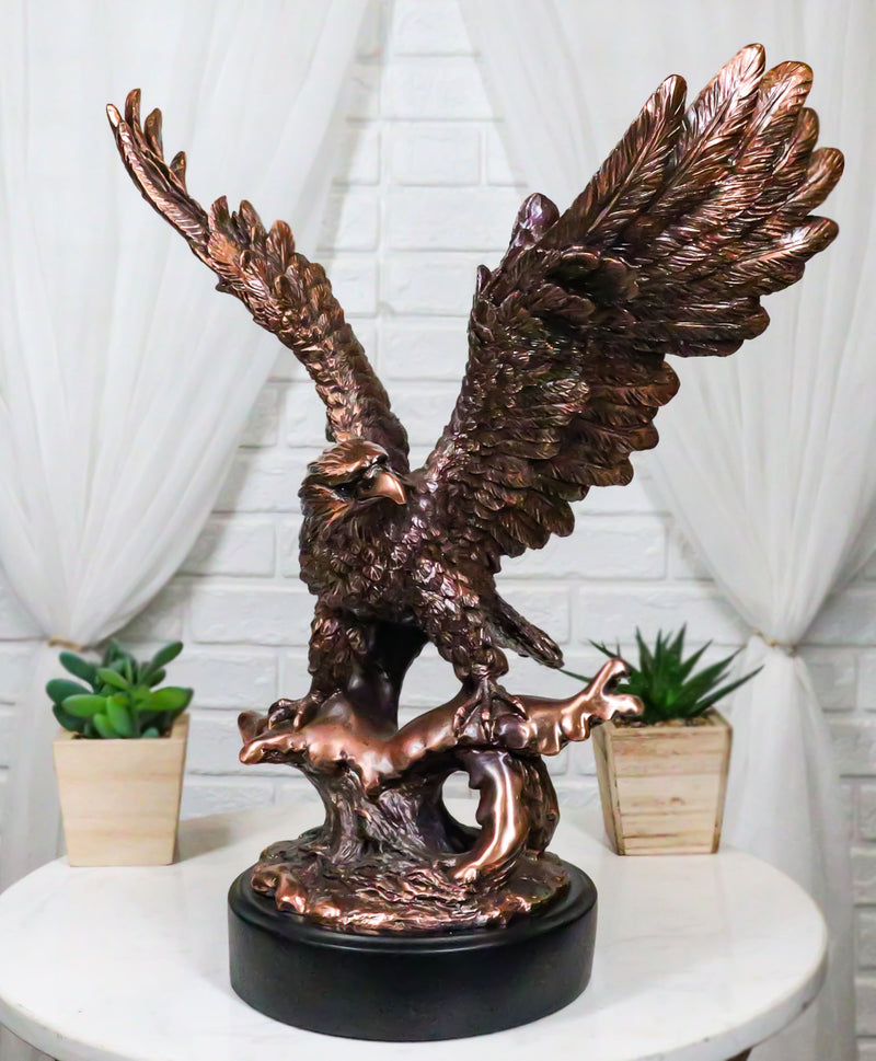Majestic Bald Eagle With Open Wings Perching On Tree Branch Statue With Base