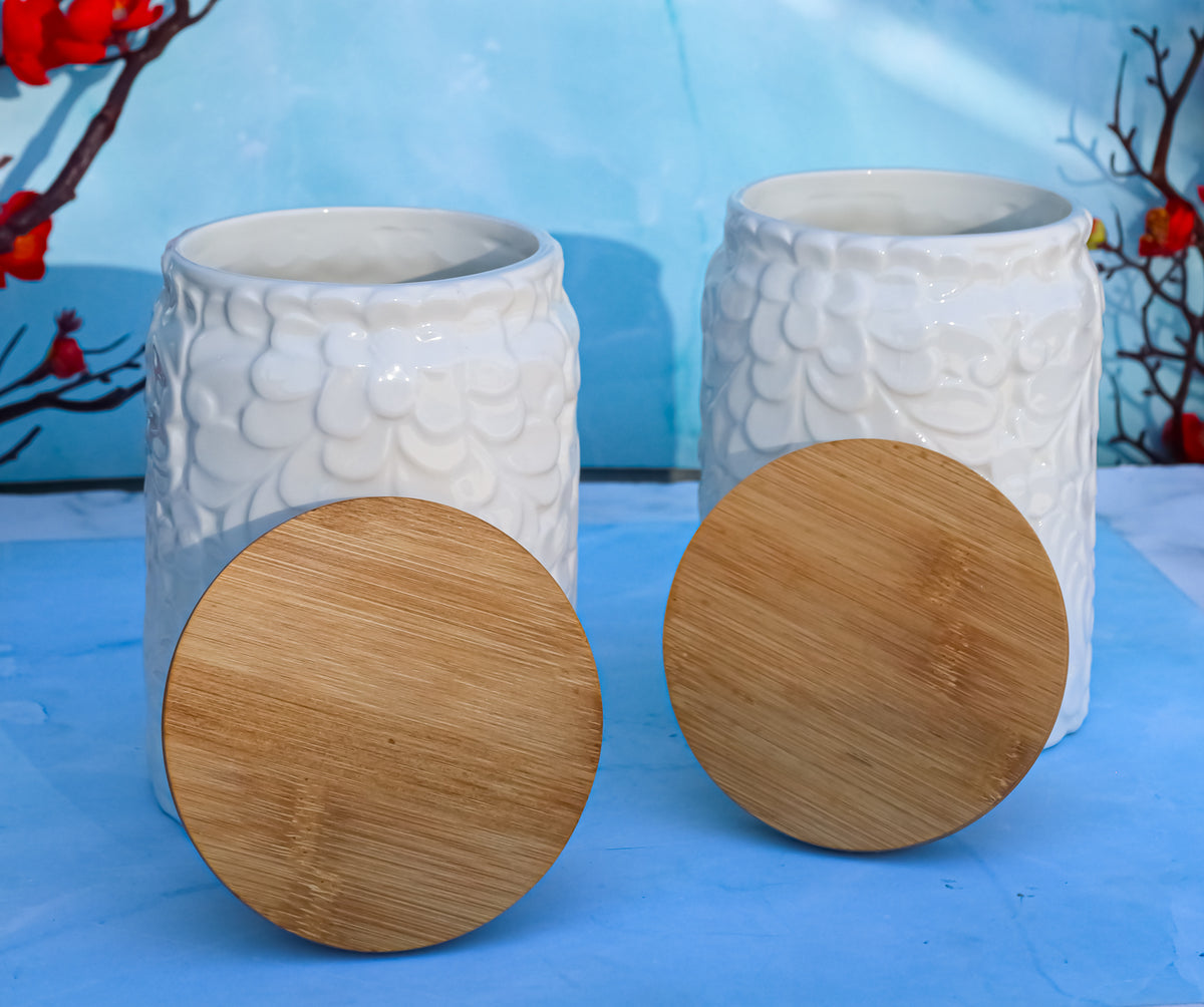 Set of 2 Ceramic White Floral Air Tight Canister Storage Jars Bamboo Lid 44oz