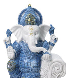 Blue & White Ganesha Statue with Mushak, 8.5-Inch Hindu God Seated on Throne