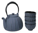 Gray Vertical Lines Design Tetsubin Cast Iron Teapot 33oz And 4 Tea Cups Set