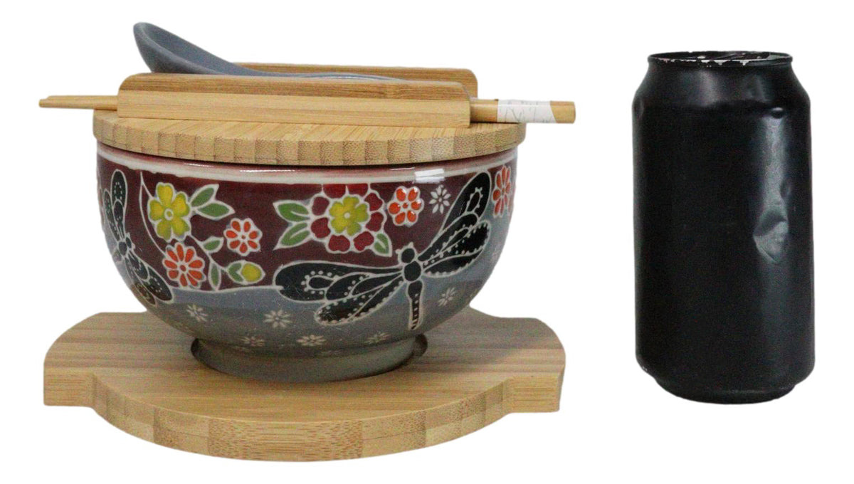 Maroon Tombo Dragonfly Donburi Ramen Bowl With Lid Trivet Spoon Chopsticks Set