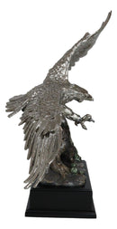 Electroplated Pewter Silver Bald Eagle With Open Wings Soaring Over Tree Statue