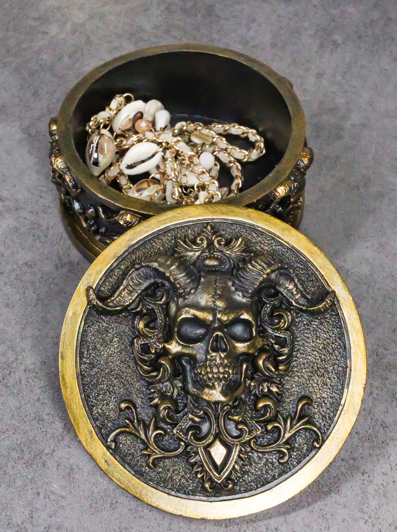 Hell Imp Horned Demon Skull Skeleton Floral Tooled Round Decorative Jewelry Box
