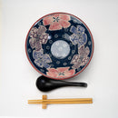 Midnight Blue Pink Floral Ceramic Ramen Bowl Soup Spoon Chopsticks And Rest Set