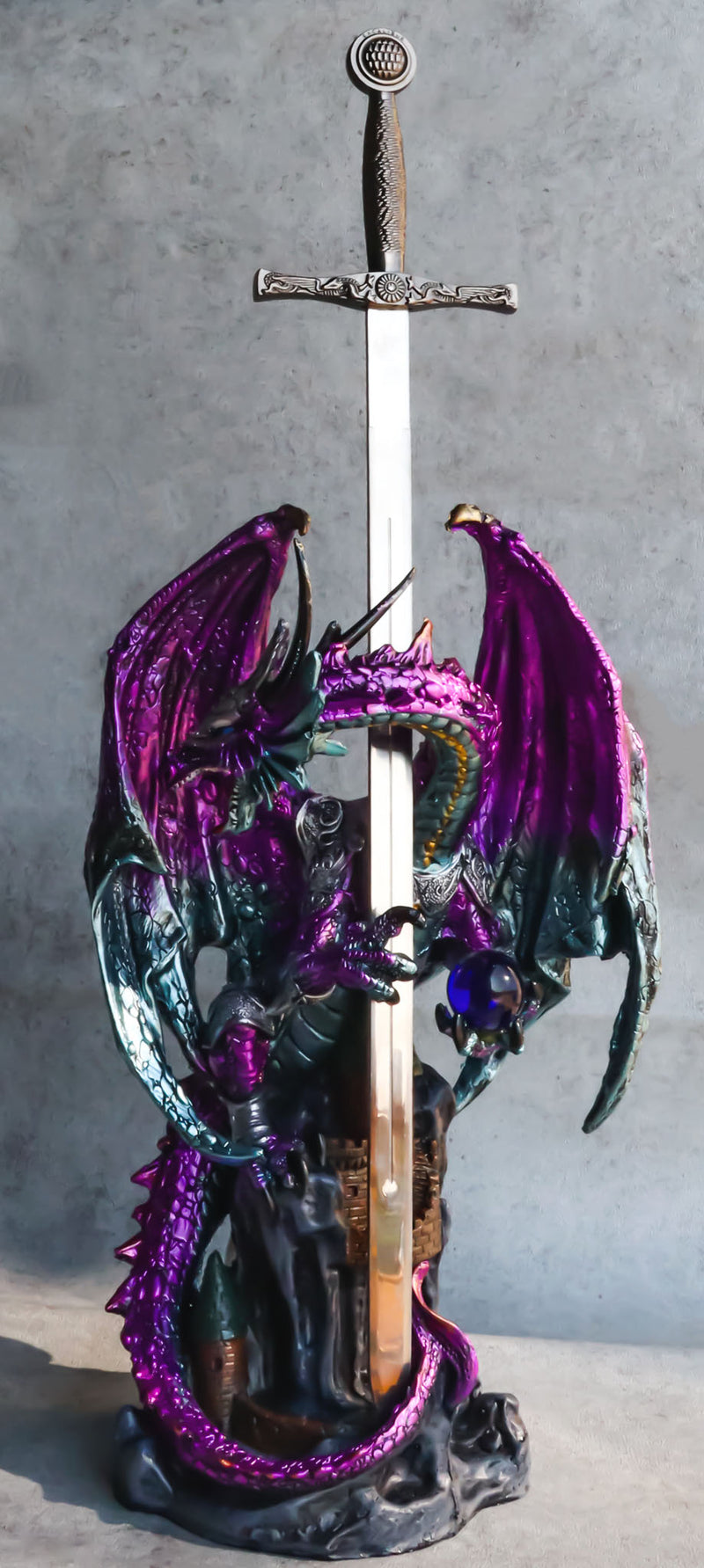 Purple Elite Knight Armored Dragon With Bronze Sword Letter Opener Figurine