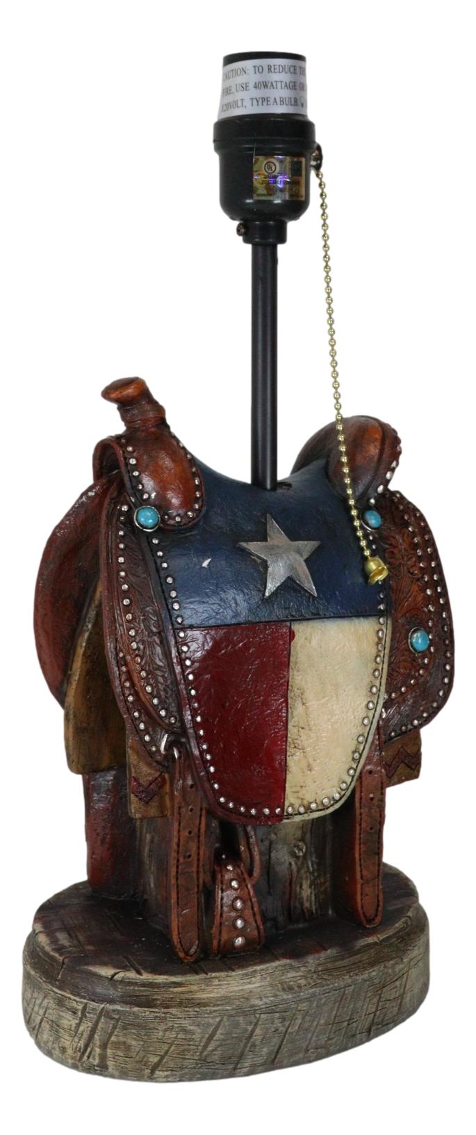 Western Cowboy Faux Tooled Leather Texas State Flag Horse Saddle Table Lamp