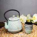 Mint Green Leaves Floral Motif Tetsubin 27oz Cast Iron Tea Pot With 4 Cups Set