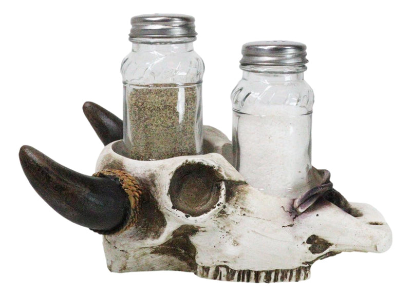 Rustic Western Cow Skull With Roped Horns Salt Pepper Glass Shakers & Holder Set