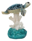 Nautical Blue Sea Turtle Swimming Over Acrylic Coral Reef With Waves Figurine