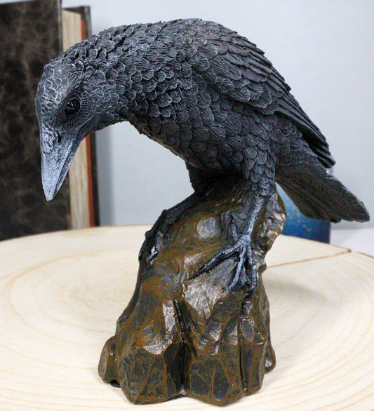 Perching Raven On Rock Statue 5" Tall Gothic Crow Scavenger Bird Decor Figurine - Ebros Gift