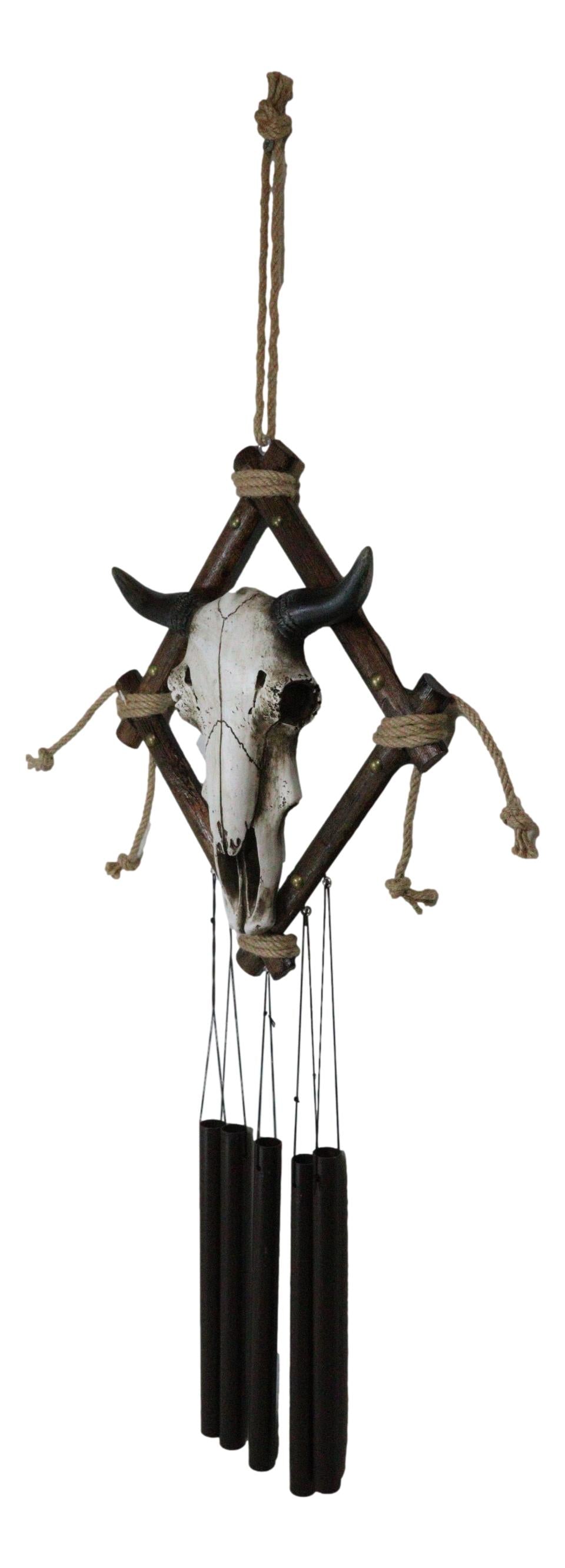 Country Rustic Western Bison Bull Skull On Branchwood Decorative Wind Chime