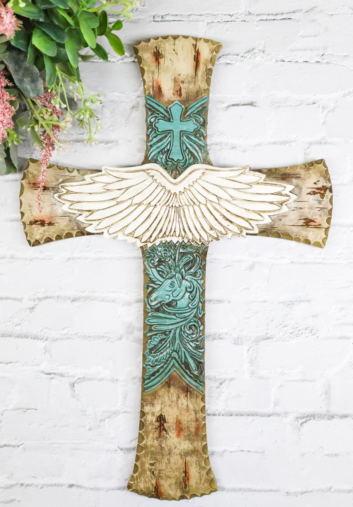 Rustic Western Angel Wings Turquoise Horse And Floral Tooled Leather Wall Cross