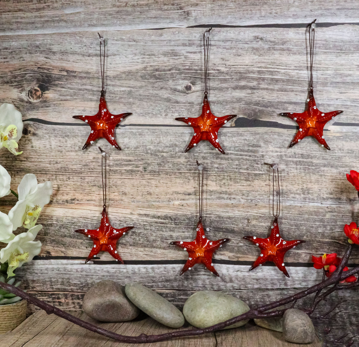 Set Of 6 Red Starfish Sea Stars Ocean Marine Wall Hanging Decor Tree Ornaments
