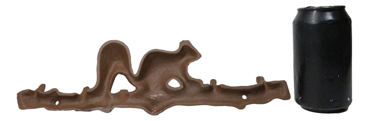 Rustic Cast Iron Playful Squirrel Perching On Tree Branch 4-Peg Wall Hooks Decor - Ebros Gift