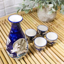 Blue Moon Rabbit With Waves Porcelain Sake Carafe Flask And 4 Ochoko Cups Set