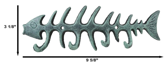 Pack of 2 Sea Vintage Verdigris Decorative Cast Iron Fish Bone 4 Peg Wall Hooks