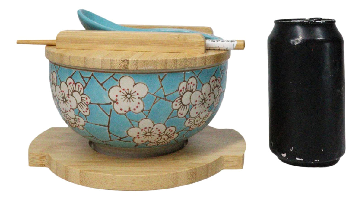 Blue Spring Blossoms Donburi Ramen Bowl With Lid Trivet Spoon Chopsticks Set