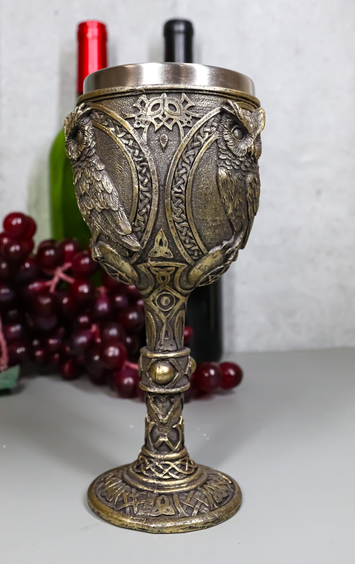 Wicca Wisdom Of The Woods Great Horned Owl Perching On Pentagram Wine Goblet