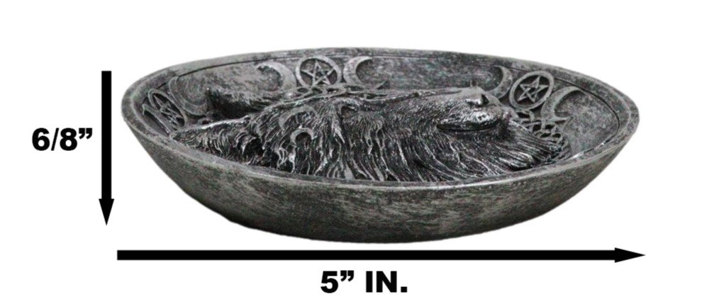Wicca Celtic Knotwork Triple Moon Pentagram Gray Wolf Round Incense Holder