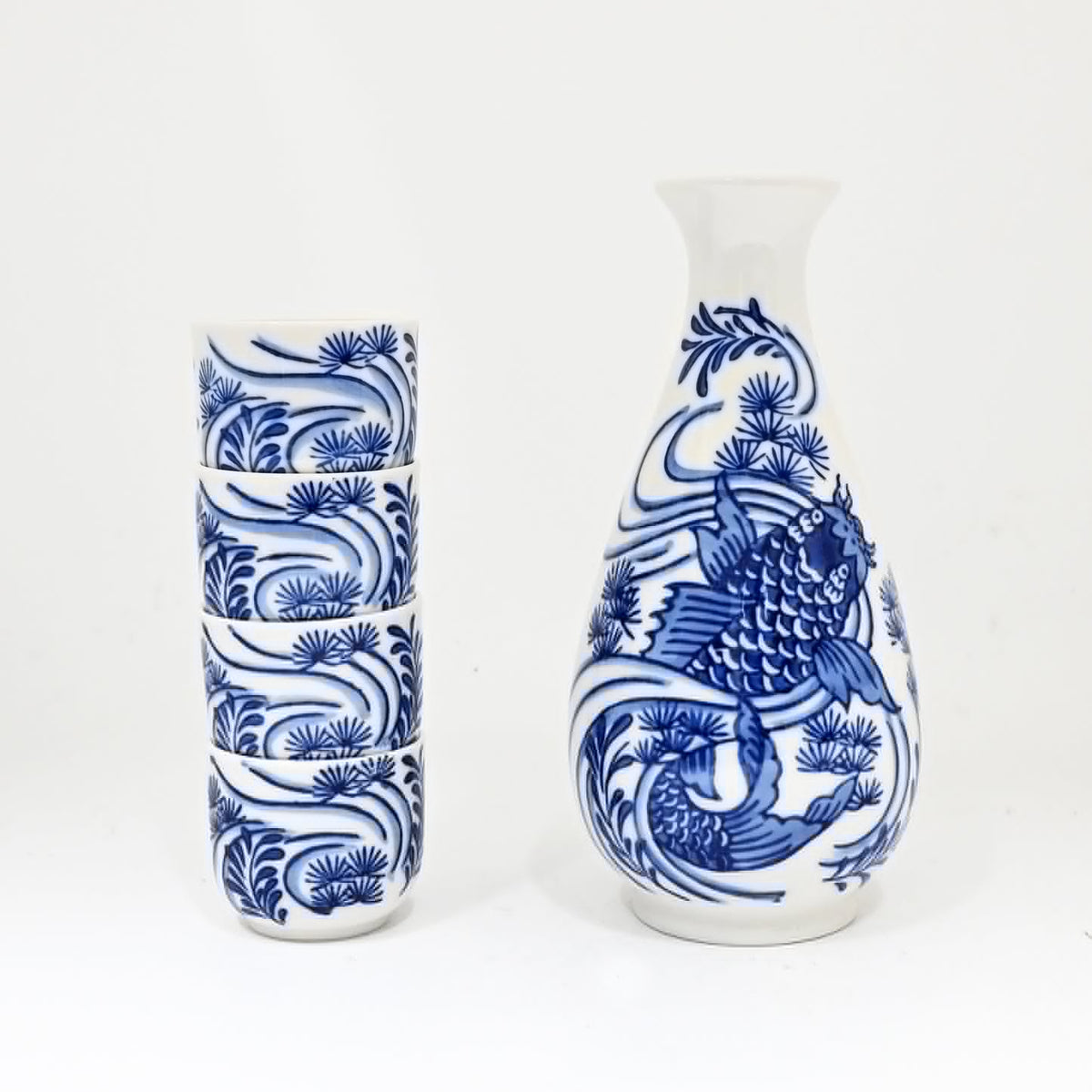 Blue White Koi Fish In River Porcelain Sake Carafe Flask And 4 Ochoko Cups Set