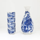 Blue White Koi Fish In River Porcelain Sake Carafe Flask And 4 Ochoko Cups Set