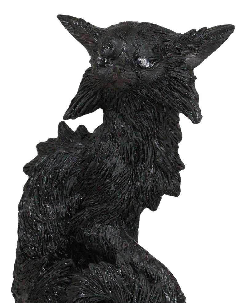 Wicca Black Cat With LED Green Eyes On Skull With Pentagram Spell Books Figurine