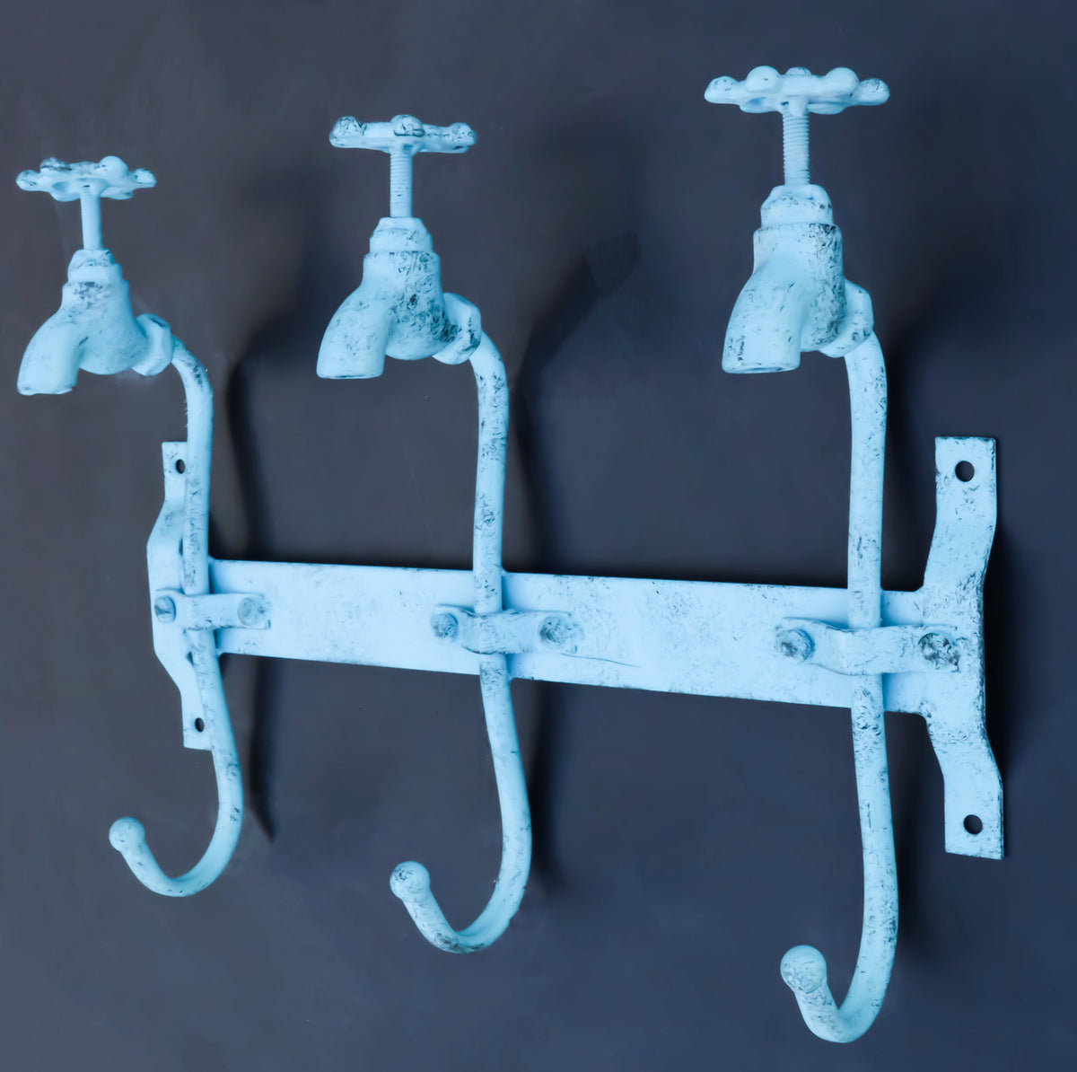 Cast Iron Vintage Rustic Blue Farmhouse Sink Faucet Spigot Triple Wall Hooks
