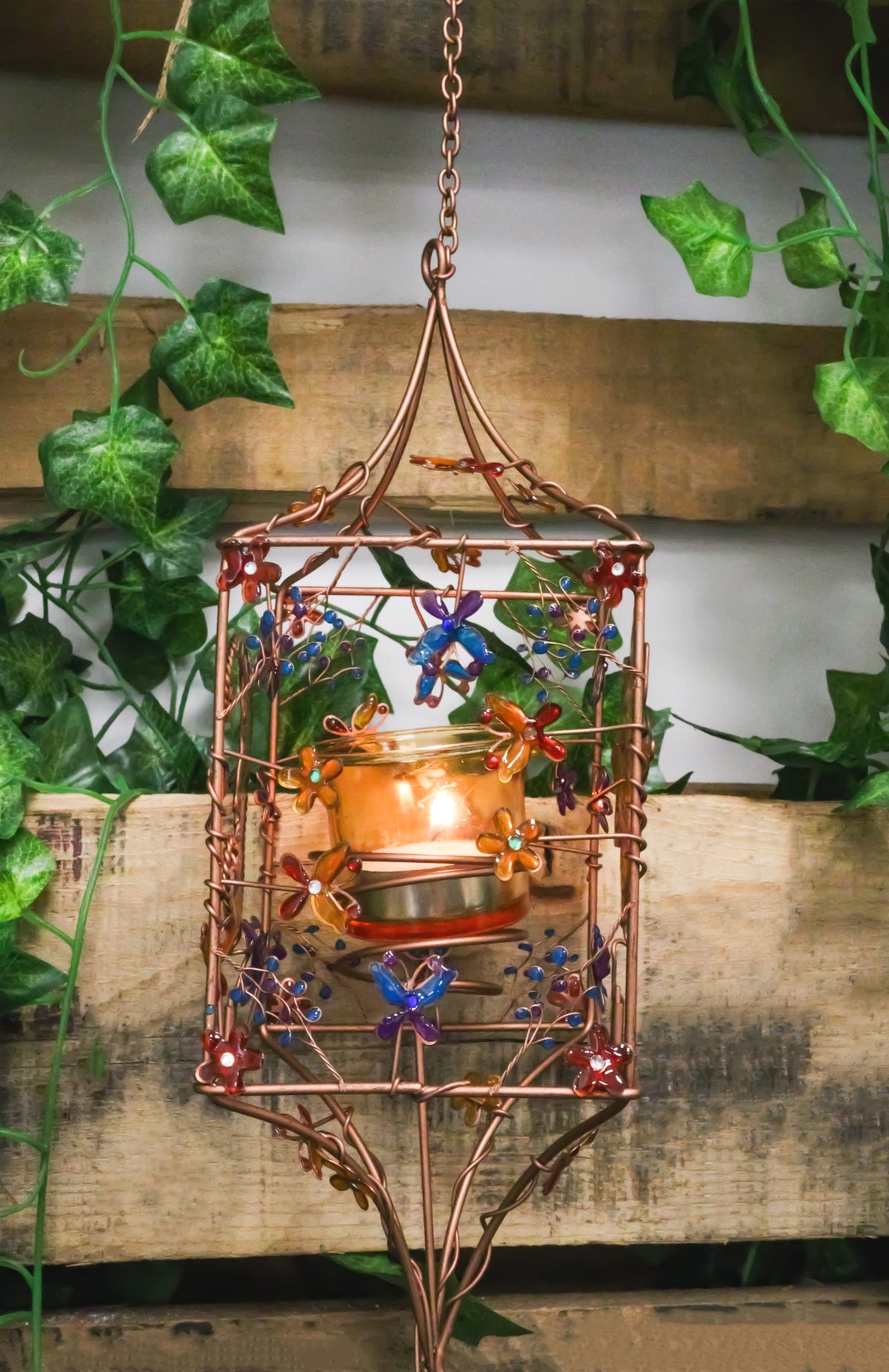 Celestial Sun Moon Christian Cross Art Glass Metal Candle Holder Wind Chime