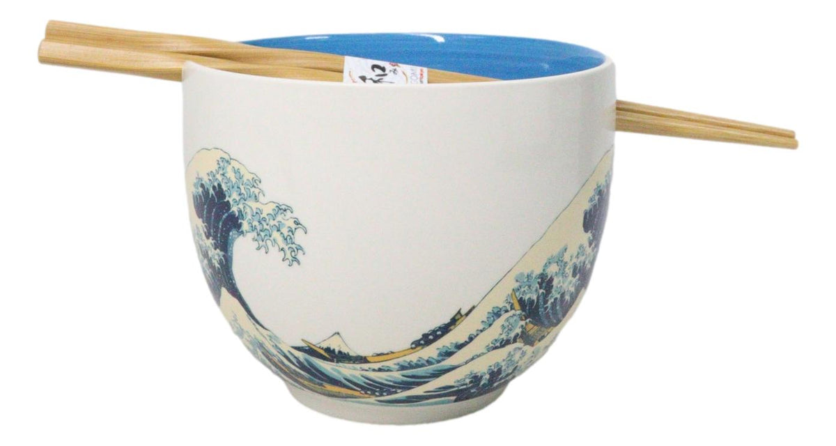 Great Wave Of Kanagawa Hokusai Ceramic Donburi Ramen Soup Bowl Chopsticks Set