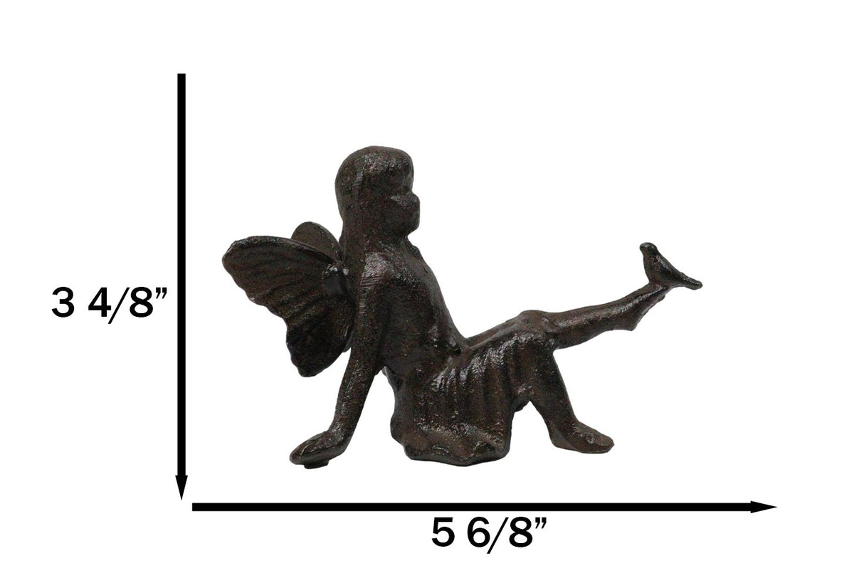 Cast Iron Sitting Whimsical Fairy With Bird On Her Feet Small Sculpture 5.75"L