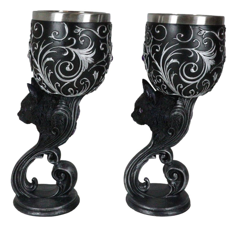 Set Of 2 Wicca Black Cats Familiars Love Hex Of The Heart Pentagram Wine Goblets