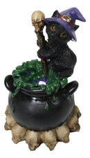 Witch Hat Black Cat Brewing Potion in LED Cauldron with Skulls Bonfire Figurine