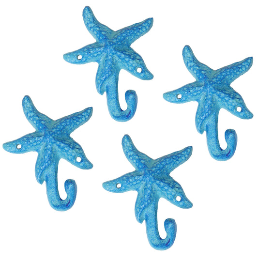 Pack Of 4 Cast Iron Rustic Blue Starfish Sea Stars Wall Hanger Coat Towel Hooks - Ebros Gift