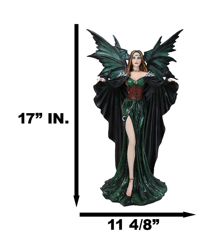Large Gothic Dragon Fairy Queen In Long Green Robe With Ravens Statue 17"H