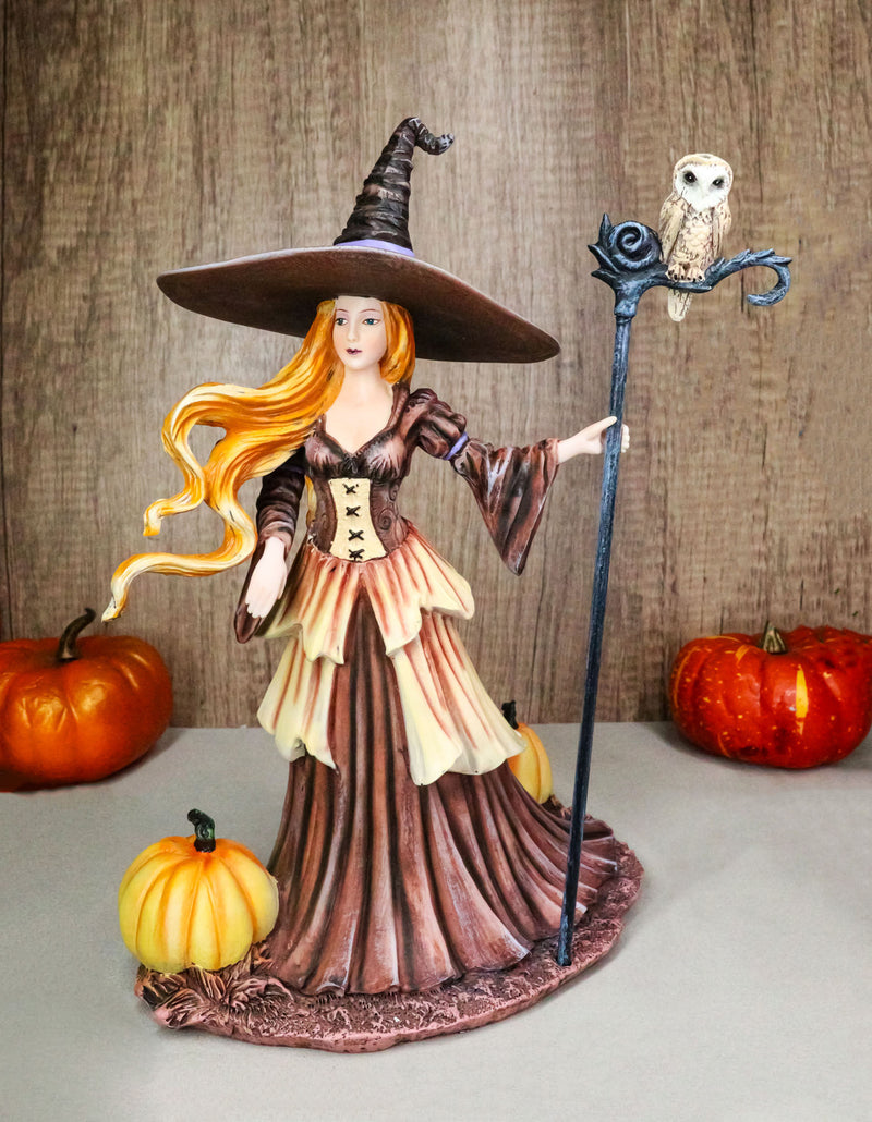 Amy Brown Halloween Pumpkin Owl Spell Autumn Witch With Magic Staff Sculpture