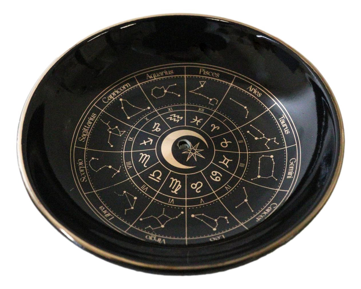 Wicca Black Astrology Wheel Round Incense Stick Burner Or Trinket Ceramic Dish