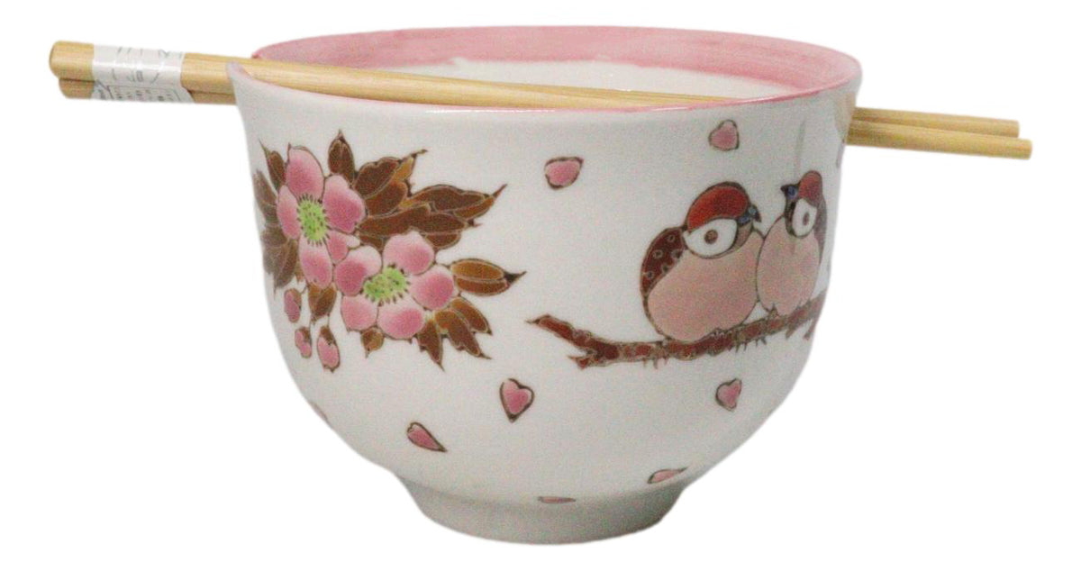 Twin Sparrows Cherry Blossom Ceramic Donburi Ramen Bowl With Chopsticks Set