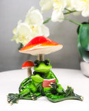 Story Time Green Frog Father Reading Book to Son By Toadstool Mushrooms Figurine