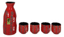 Japanese 12oz Ceramic Red Calligraphy of Fortune Sake Set Flask With Four Cups