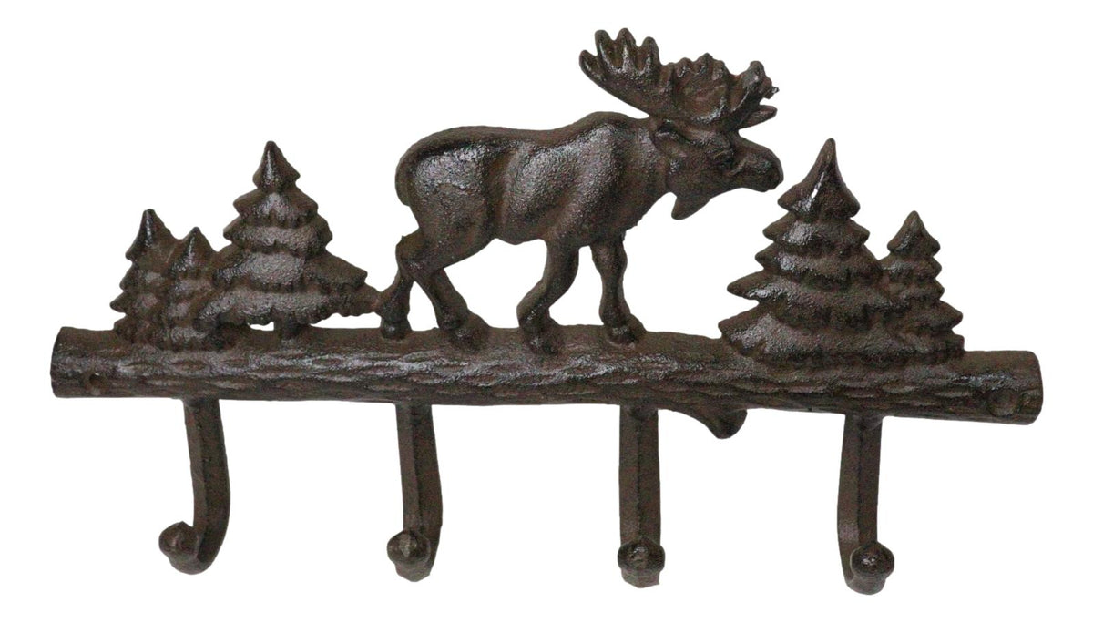 Cast Iron Rustic Western Elk Moose Deer Roaming Pine Woodlands 4-Peg Wall Hooks