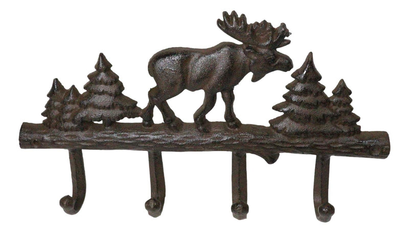 Cast Iron Rustic Western Elk Moose Deer Roaming Pine Woodlands 4-Peg Wall Hooks