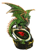 Metallic Green And Gold Dragon Guarding Faux LED Crystal Faux Geode Figurine