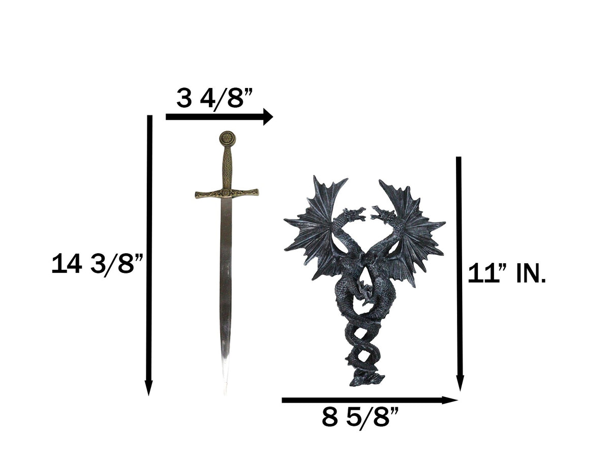 Gothic Fantasy Double Dragon Wall Decor Plaque With Medieval Sword 14" Tall