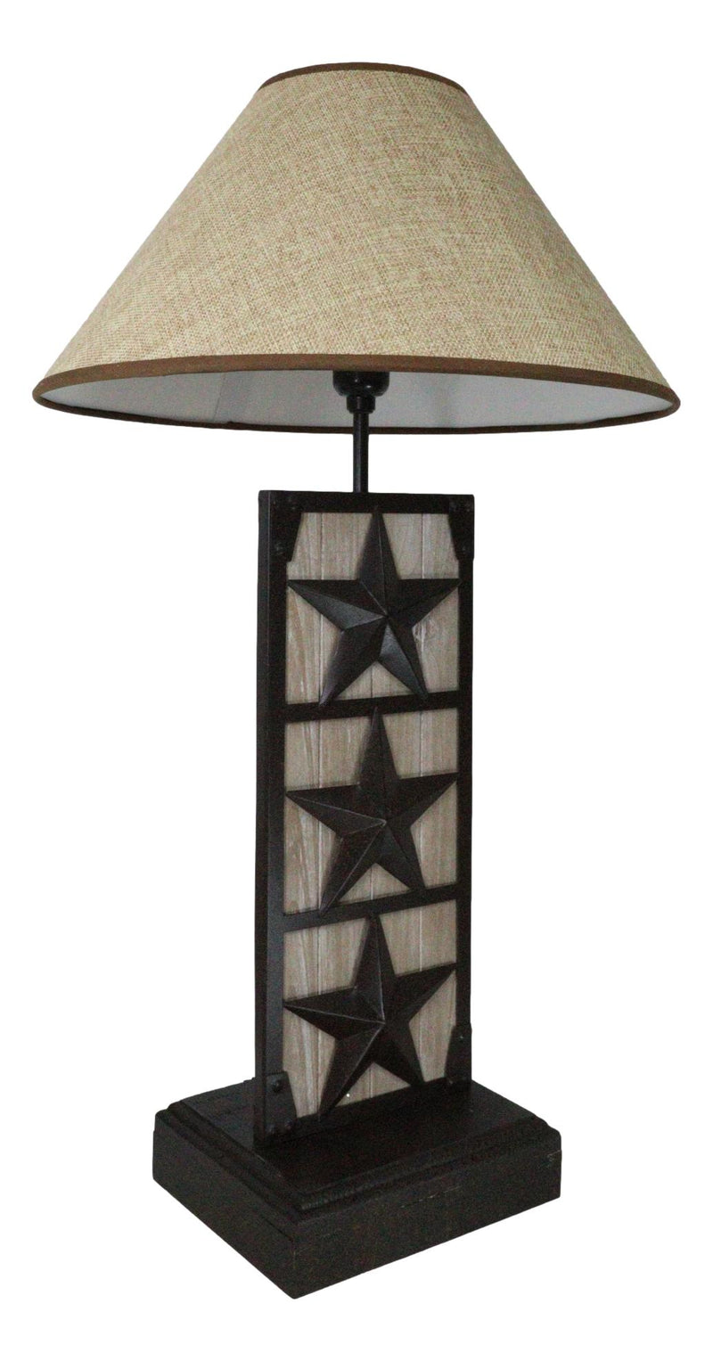 Rustic Western Triple Lone Stars Wood And Metal Bedside Desktop Table Lamp