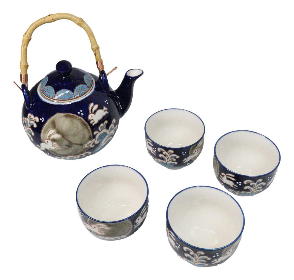 Blue Moon Rabbit Porcelain 30oz Teapot With Bamboo Handle And 4 Tea Cu ...