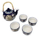 Blue Moon Rabbit Porcelain 30oz Teapot With Bamboo Handle And 4 Tea Cups Set