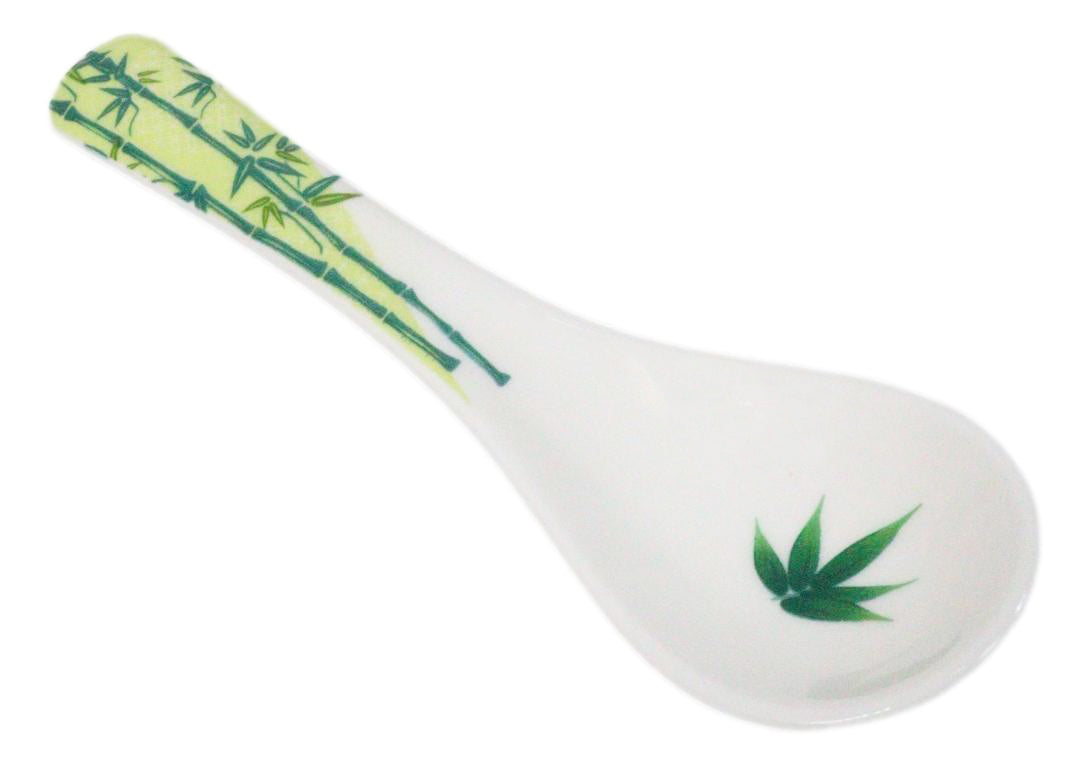 Set of 6 Green Bamboo Porcelain Asian Soup Spoons Japanese Ramen Pho Wonton